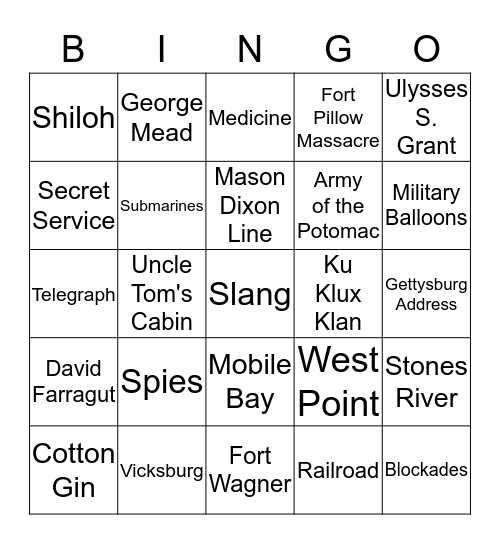 Civil War Bingo Card