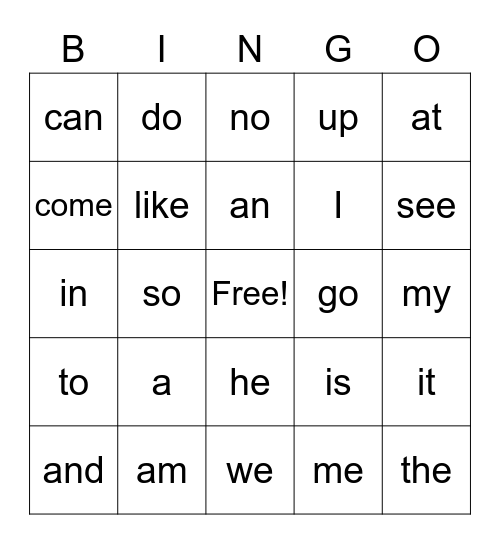 25 Sight Words Bingo Card