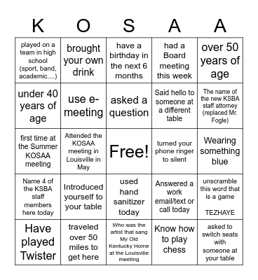 KOSAA Bingo Card