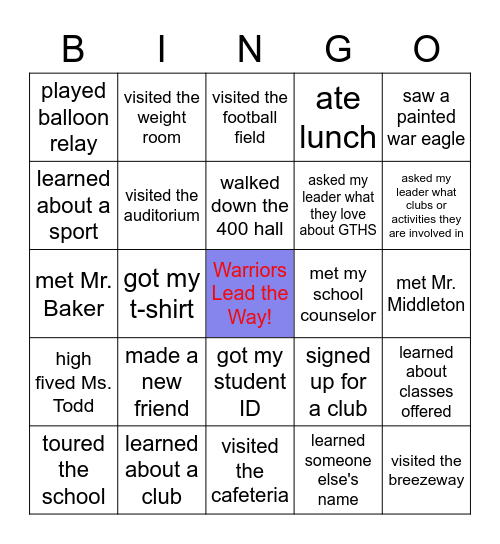 9th Grade Orientation Bingo Card