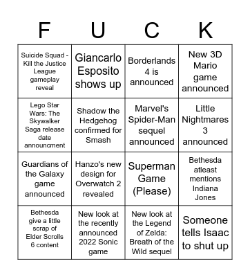 Conor's E3 Predictions 2021 Bingo Card