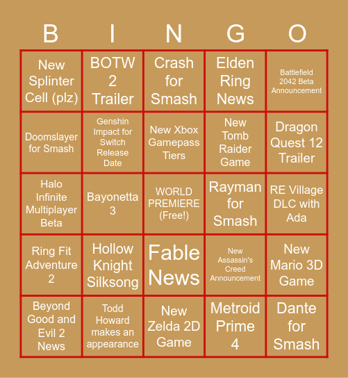 E3 2021 Bingo Card