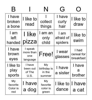 Get to Know Me Bingo Card