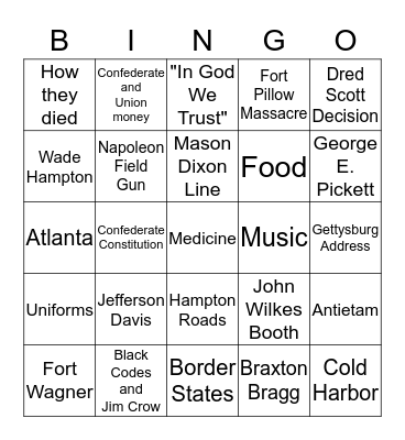 Civil War Bingo Card