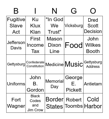 Civil War Bingo Card