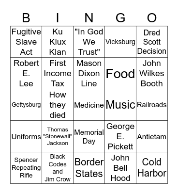 Civil War Bingo Card