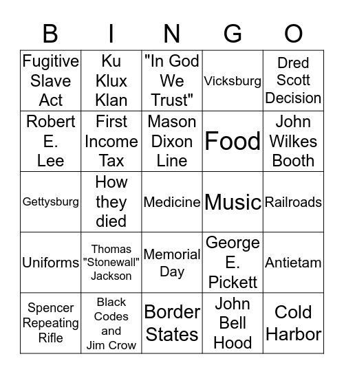 Civil War Bingo Card