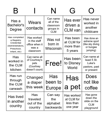 CLM Staff BINGO Card