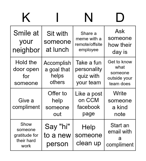 National Random Act Of Kindness Day Bingo Card