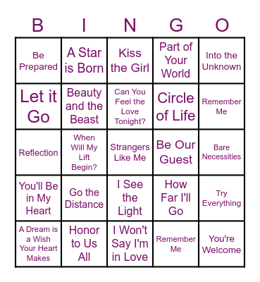 Disney Song Bingo!!! Bingo Card