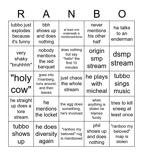 Ranboo stream bingo Card