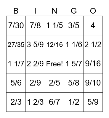 Fractions Bingo Card