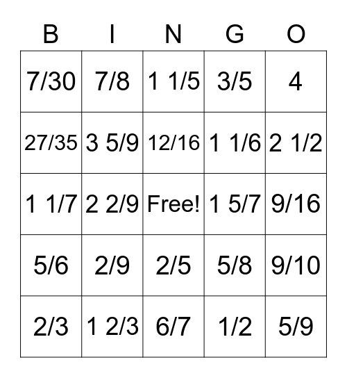 Fractions Bingo Card