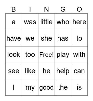 K sight words Bingo Card