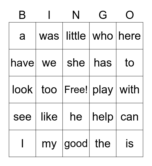 K sight words Bingo Card
