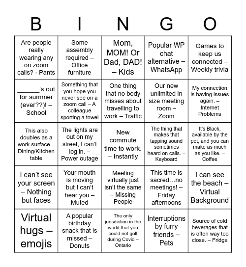Working from Home Bingo 2021 Bingo Card