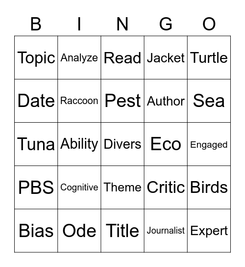 Critical Reading Bingo Card