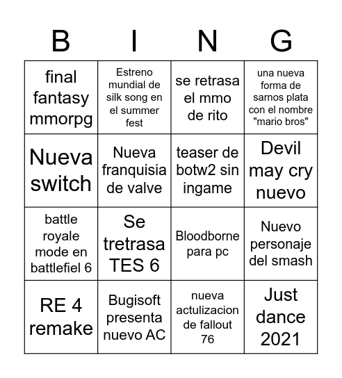 E3 Bingo Card