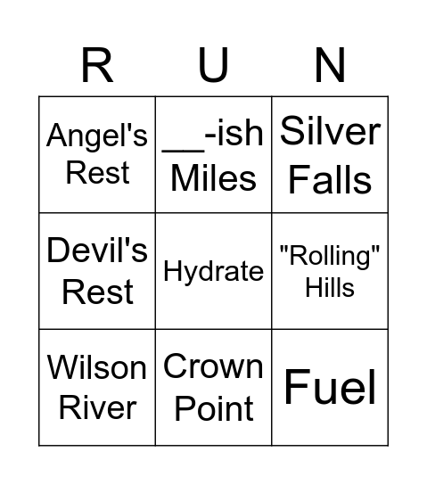 Trail Running Bingo Card