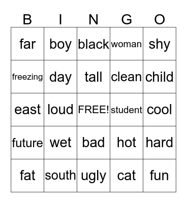 Opposites Bingo Card