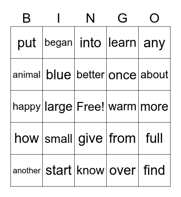 1st Grade sight words Bingo Card