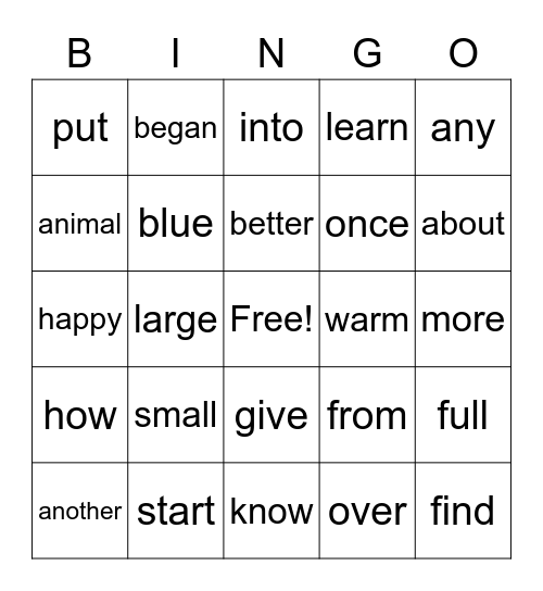 1st Grade sight words Bingo Card