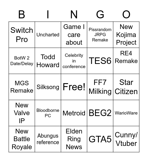 E3 Week Bingo Card