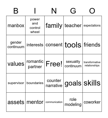 HEALTHY RELATIONSHIPS Bingo Card