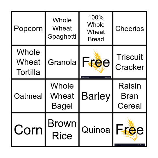 Whole Grain Bingo Card