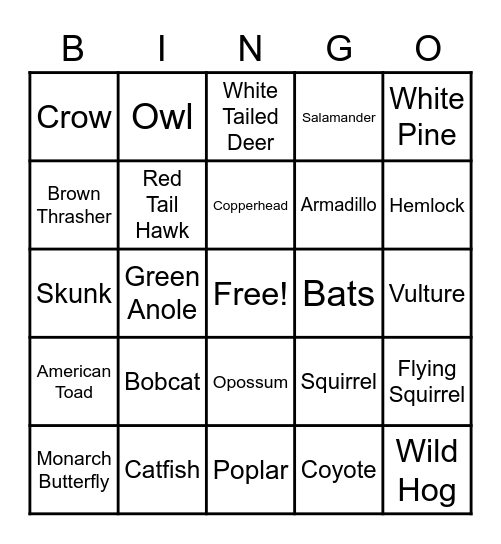 Wildlife Bingo Card