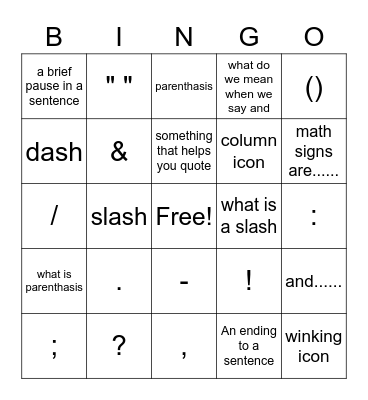 Ponctuation Bingo Card