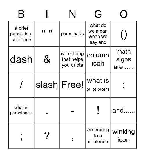 Ponctuation Bingo Card