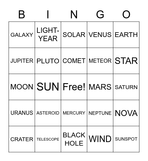 Outer Space Bingo Card