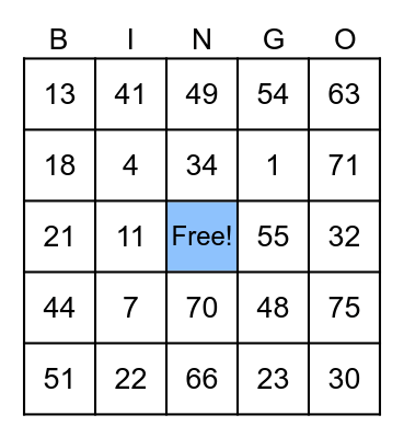 Card # 001 Bingo Card