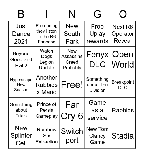 Ubisoft 2021 Bingo Card