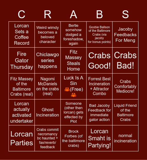 🦀Baltimore Crabs Bingo🦀 Bingo Card