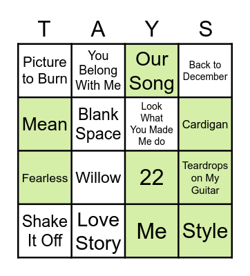 Taylor Swift Bingo Card