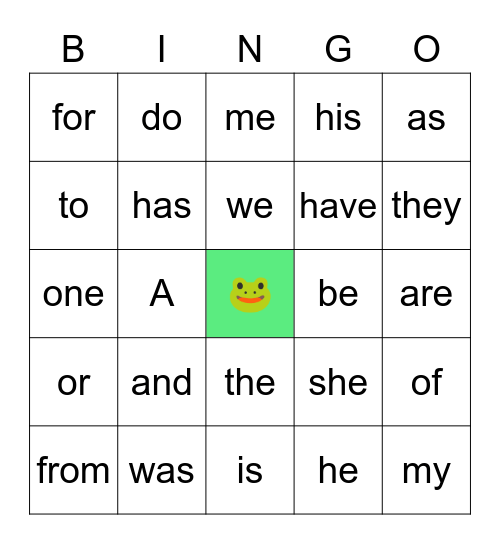 Sight Word Bingo Card