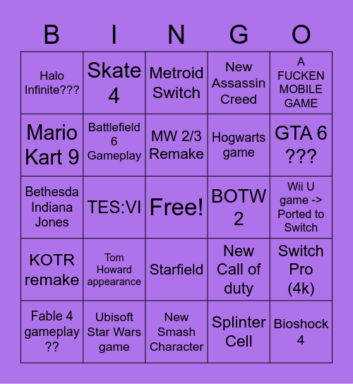 E3 2021 Bingo Card