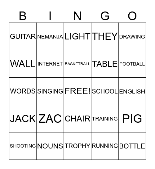 Nouns Bingo Card