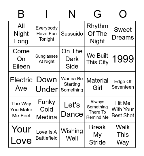 1980 Hits Bingo Card