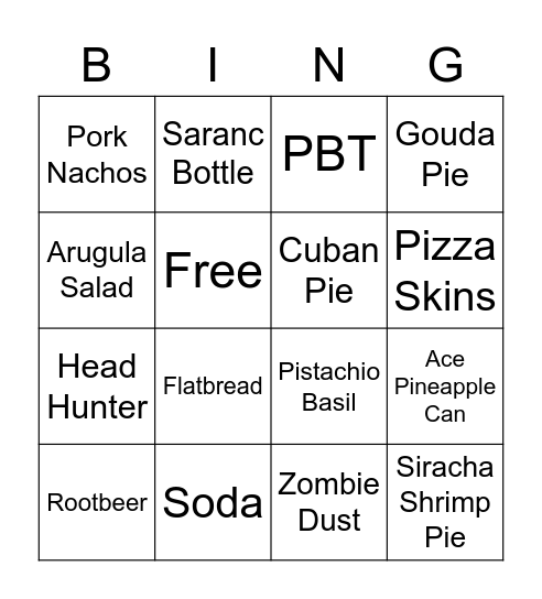 Pies Bingo Card