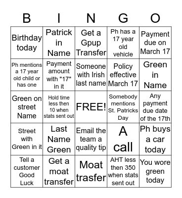 St Patricks Bingo Card