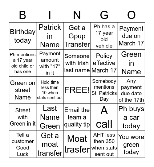 St Patricks Bingo Card