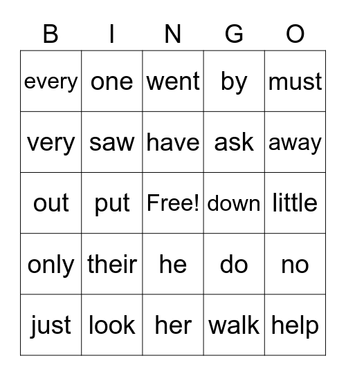 Sight Word Bingo Card