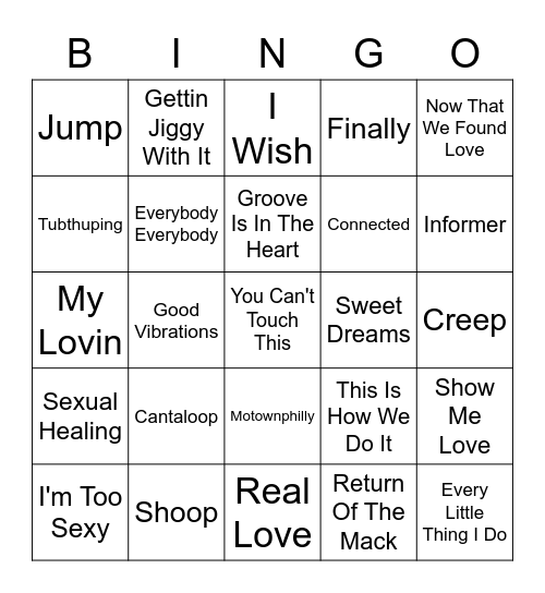 1990 Hits Bingo Card