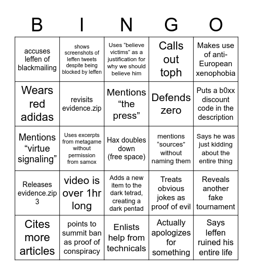 Hax$ new video bingo Card