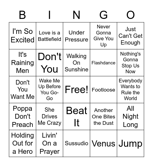 80's Music Bingo Card