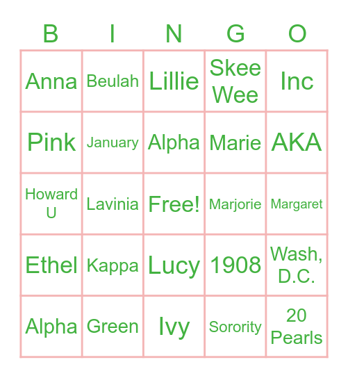 Pink & Green Bingo Card