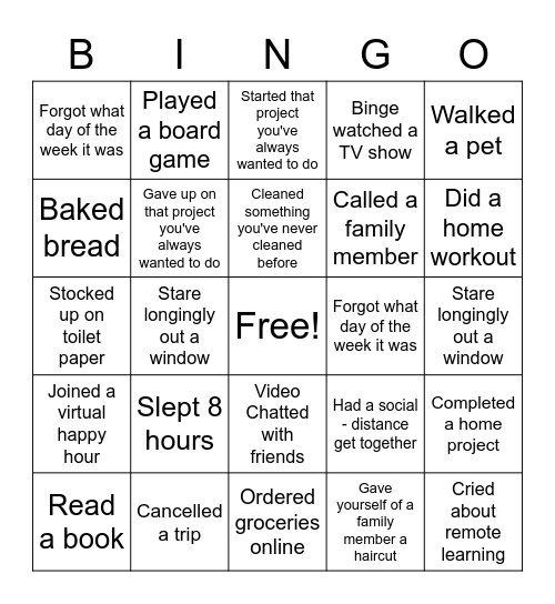 Quarantine Bingo Card